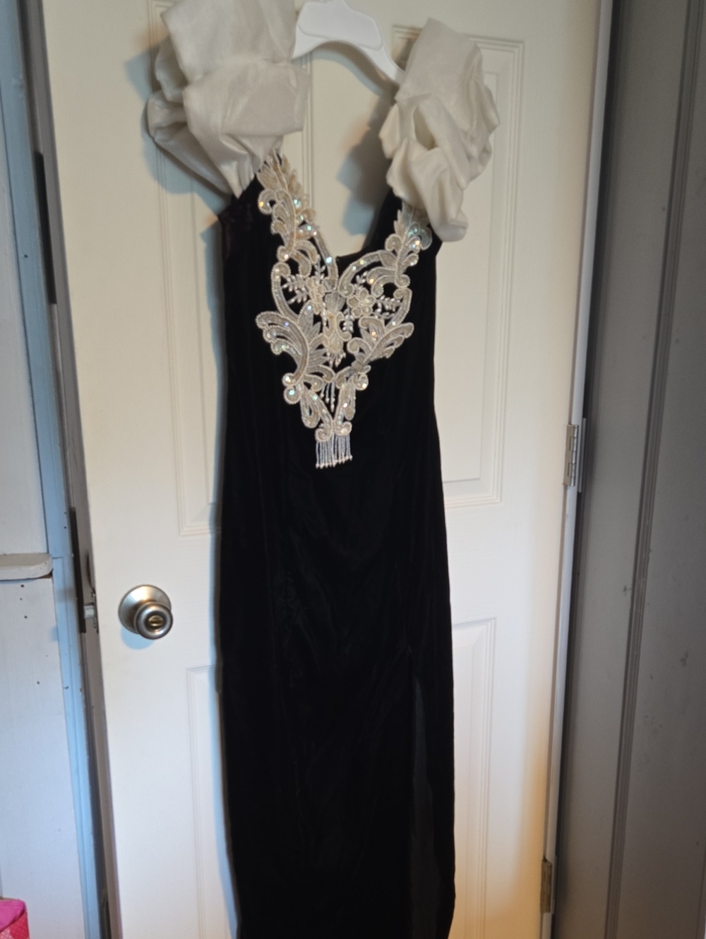 Vintage 1990s Elegant Black Velvet Evening Gown with Ivory Embellished Bodice